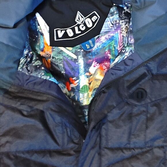 Volcom Down Puffer Vest Women's Large Hooded Sleeveless Printed Lining Black - Picture 4 of 11